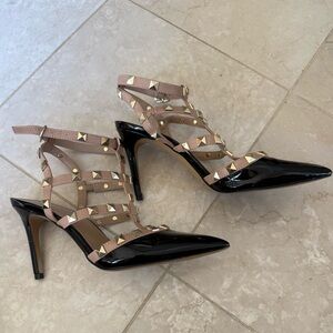 Black and tan ankle strap, studded heel